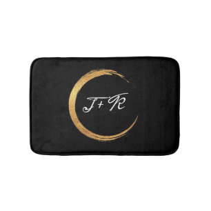 Minimalism Black White Gold Ring Initial Monogram Bath Mat