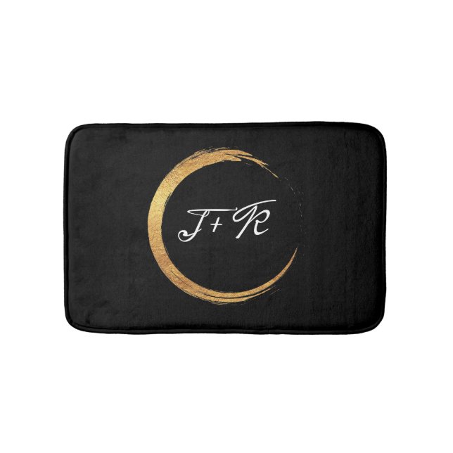 Minimalism Black White Gold Ring Initial Monogram Bath Mat (Front)