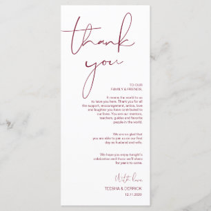 Minimalism Burgundy Script Place Setting Thank You Programme