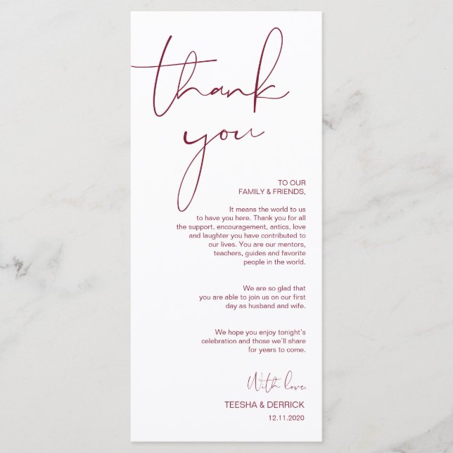Minimalism Burgundy Script Place Setting Thank You Programme (Front)