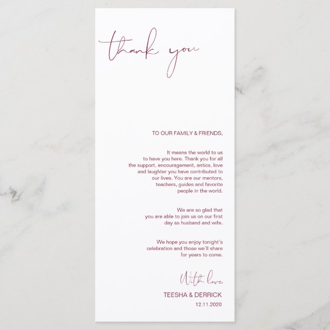 Minimalism Burgundy Script Place Setting Thank You Programme (Front)