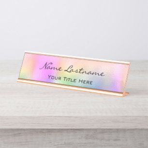 Minimalism Custom Elegant Holographic Pink Blue Desk Name Plate