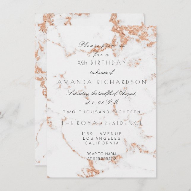 Minimalism Grey White Marble Rose Copper Birthday Invitation (Front/Back)
