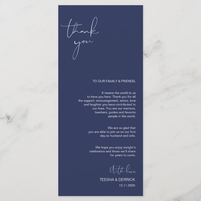 Minimalism Navy Script Place Setting Thank You Programme (Front)
