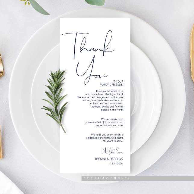 Minimalism Navy Script Place Setting Thank You Programme (Minimalism Navy Blue Script Place Setting Thank You Card, for Wedding Elopement Dinner Plate Decor.)