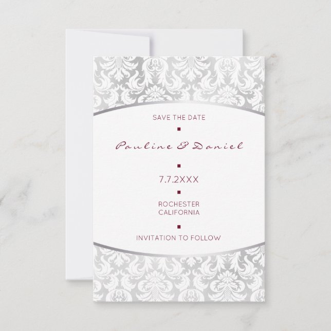Minimalism Save The Date Silver Red Damask (Front)