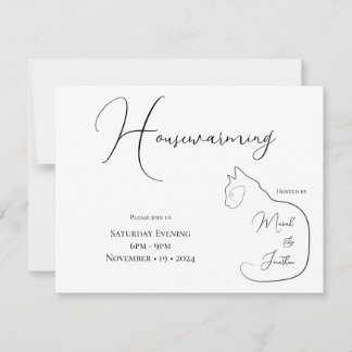 Minimalism Sitting Cat Black & White Housewarming Invitation