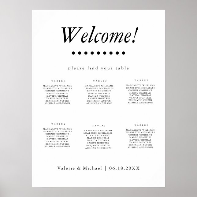 Minimalist-1 B&W Wedding 6 Tables Seating Chart (Front)