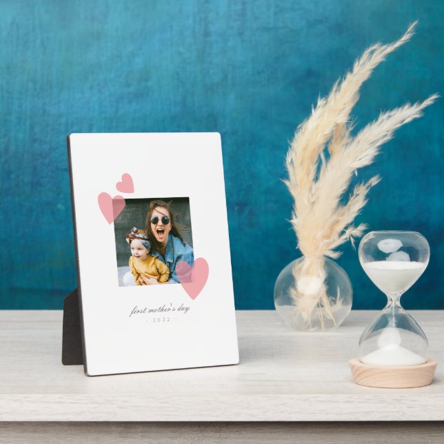 Minimalist 1st Mother's Day Photo Gift with Hearts Plaque (Side)