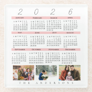 Minimalist 2026 Multi Photo Calendar Keepsake Glass Coaster