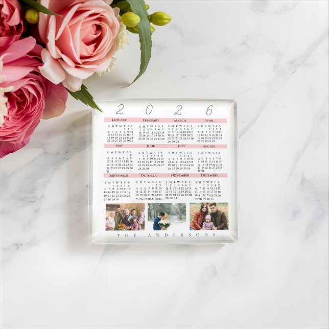 Minimalist 2026 Multi Photo Calendar  Keepsake Glass Coaster (2026 Multi Photo Family Calendar Glass Coaster | Personalized Custom Photo Keepsake)