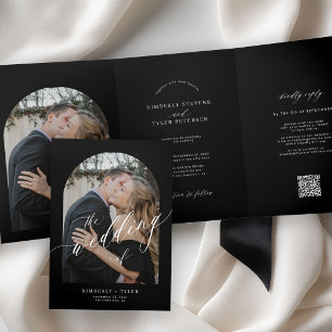 Minimalist 2 arch photo QR code rsvp black wedding Tri-Fold Invitation