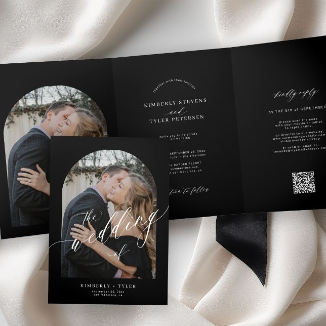 Minimalist 2 arch photo QR code rsvp black wedding Tri-Fold Invitation (Creator Uploaded)