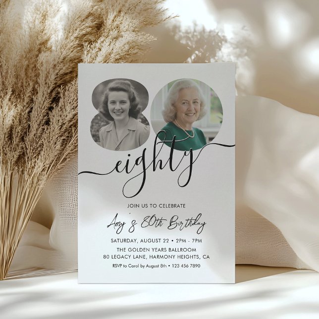 Minimalist 2 Photo 80th Birthday Party Invitation (Creator Uploaded)
