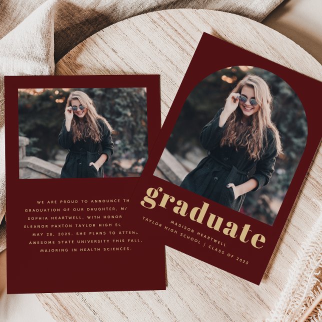 Minimalist 2-Photo Arch Burgundy Gold Graduation Announcement (Creator Uploaded)