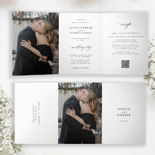 Minimalist 2 photo black and white wedding RSVP QR Tri-Fold Invitation