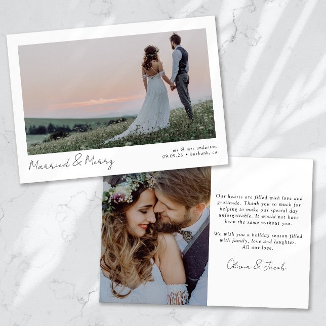 Minimalist 2 Photo Calligraphy Married & Merry  Holiday Card (Creator Uploaded)