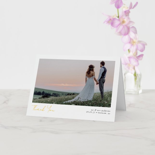 Minimalist 2 Photo Calligraphy Wedding Thank You Foil Greeting Card (Orchid)