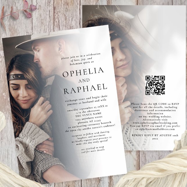 Minimalist 2 Photos QR Code Bohemian Wedding Invitation (Front and back view)