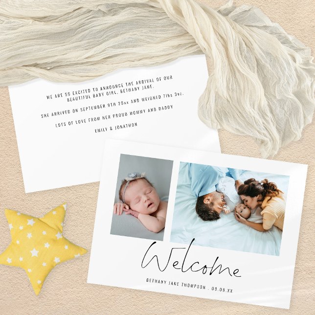 Minimalist 2 Photos Welcome Script Birth Announcement (Creator Uploaded)