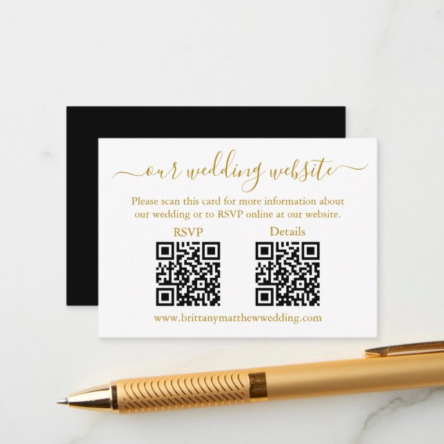 Minimalist 2 QR Wedding RSVP Details Gold Enclosure Card (Front/Back In Situ)