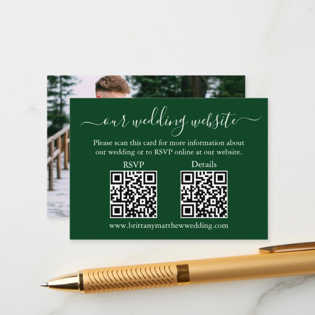 Minimalist 2 QR Wedding RSVP Details Photo Green Enclosure Card (Front/Back In Situ)