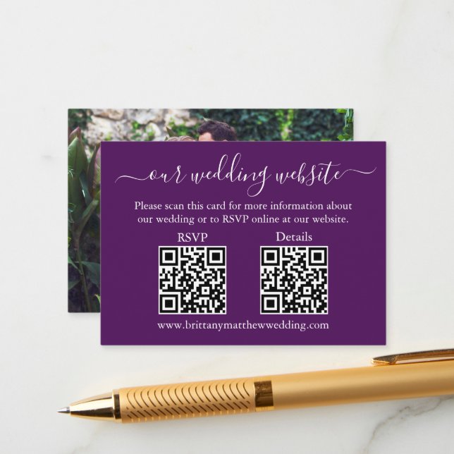Minimalist 2 QR Wedding RSVP Details Photo Purple Enclosure Card (Front/Back In Situ)