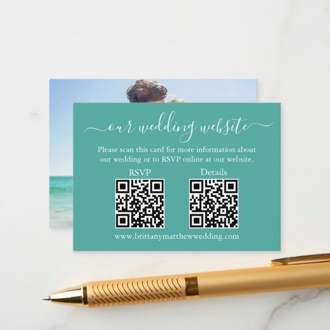 Minimalist 2 QR Wedding RSVP Details Photo Teal Enclosure Card (Front/Back In Situ)