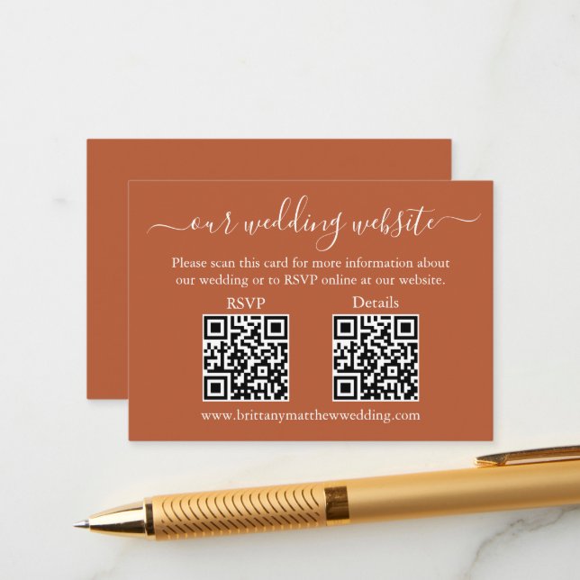 Minimalist 2 QR Wedding RSVP Details Terracotta Enclosure Card (Front/Back In Situ)