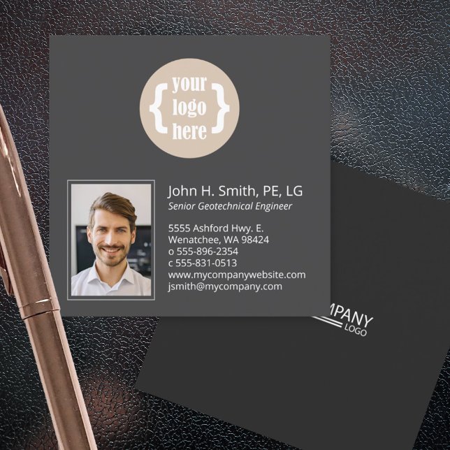 Minimalist, 2-Tone Charcoal, Professional Photo Square Business Card (modern black and gray square business cards, unique stylish photo business card)