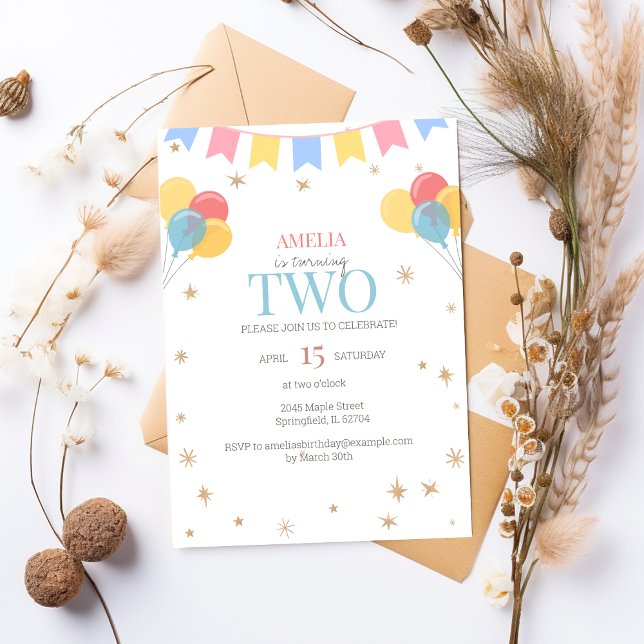 Minimalist 2nd Birthday Invitation with Balloons  (Creator Uploaded)