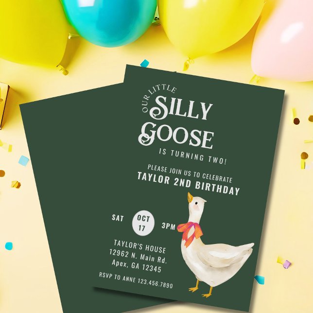  Minimalist 2nd Our Silly Goose Is Turning Two  Invitation (Minimalist “Our Silly Goose Is Turning Two” invite with dark green background and clean design.)