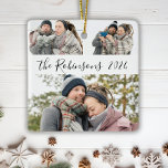 Minimalist 3 Couple Photo Collage Christmas  Ceramic Ornament<br><div class="desc">Modern Simple Elegant Calligraphy Black White 3 Couple Photo Collage Merry Christmas Script Ceramic Ornament. This festive, minimalist, whimsical three photo holiday Ornament features a pretty grid photo collage and Family name and year! The family name is written in a hand lettered swirly font script in black on white colour...</div>