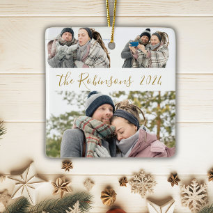 Minimalist 3 Couple Photo Collage Christmas  Ceramic Ornament