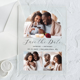 Minimalist 3-Photo Arch Collage Save the Date Acrylic Invitations
