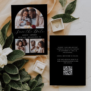 Minimalist 3-Photo Arch QR Code Black and White Save The Date