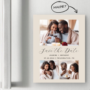Minimalist 3-Photo Beige Magnetic Invitation