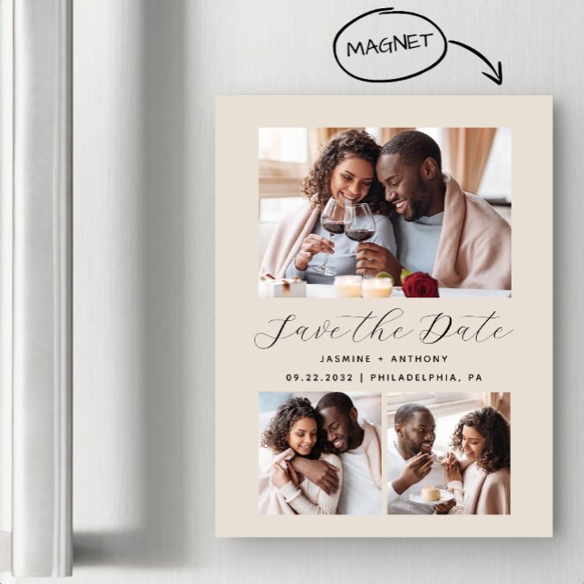 Minimalist 3-Photo Beige Magnetic Invitation (Creator Uploaded)