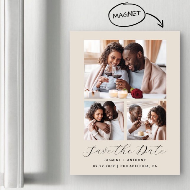 Minimalist 3-Photo Collage Beige Save the Date Magnetic Invitation (Creator Uploaded)