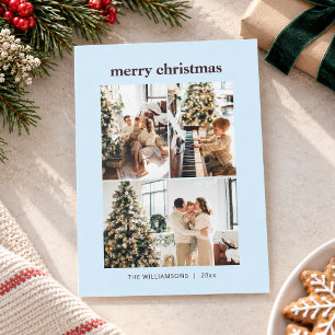 Minimalist 3 Photo Collage Merry Christmas Blue Holiday Card