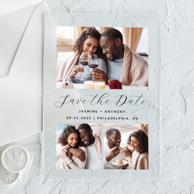 Minimalist 3-Photo Collage Wedding Save the Date Acrylic Invitations (Creator Uploaded)
