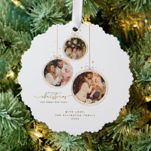 Minimalist 3-Photo Family Merry Christmas Holiday Tree Decoration Card