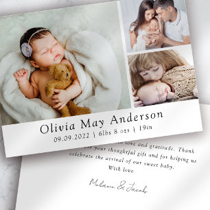 Minimalist 3 Photo New Baby Thank You Card