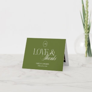 Minimalist 3 Photo Olive Green Folded Wedding Thank You Card
