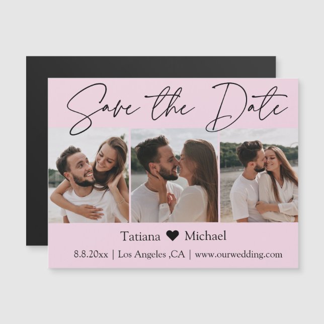 minimalist 3 photo pink save the date  magnet (Front/Back)