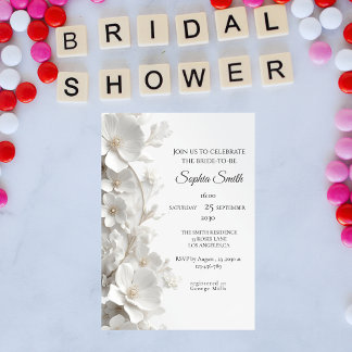 Minimalist 3D White Floral Elegant  Bridal Shower Invitation