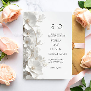 Minimalist 3D White Floral Luxury Elegant Wedding Invitation