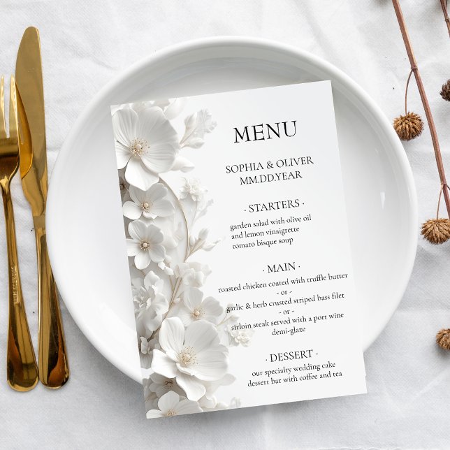 Minimalist 3D White Floral  Luxury Elegant Wedding Menu (Creator Uploaded)