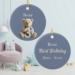 Minimalist 3rd Birthday Blue Teddy Bear Keepsake Ceramic Tree Decoration