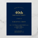 Minimalist 40th Birthday Party Navy Blue Glam Foil Foil Invitation Postcard<br><div class="desc">Minimalist 40th Birthday Party Navy Blue Glam Real Foil for your fortieth party in your choice of either gold,  rose gold or silver for 40th and your name adds a classy elegance on navy blue background on a handy postcard. Easily personalise the text.</div>